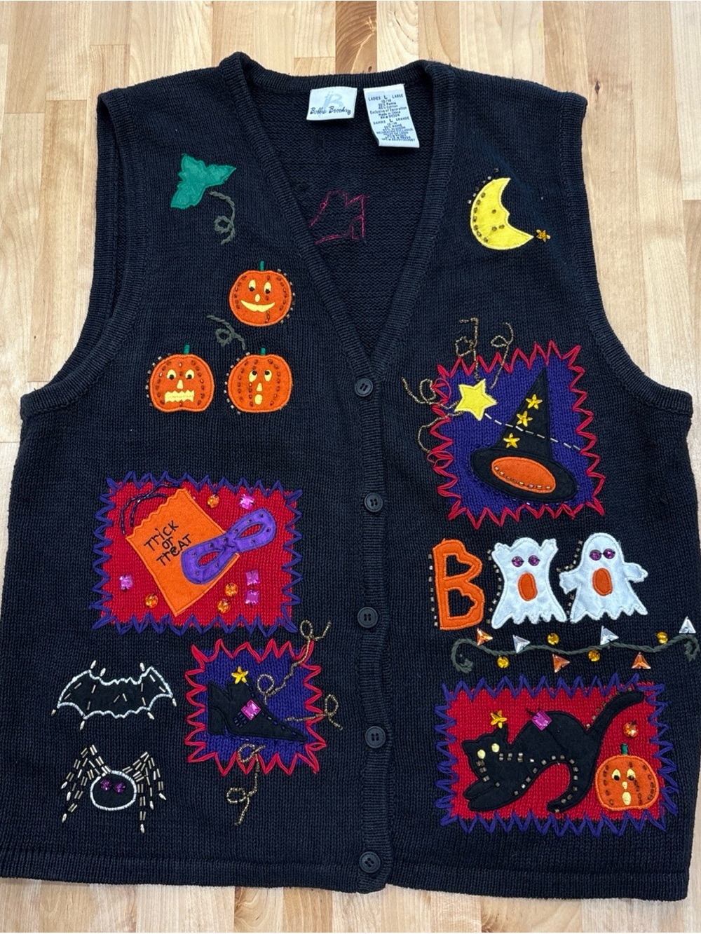 Vintage Bobbie Brooks Knit Halloween Sweater Vest Women's L Spooky Bling